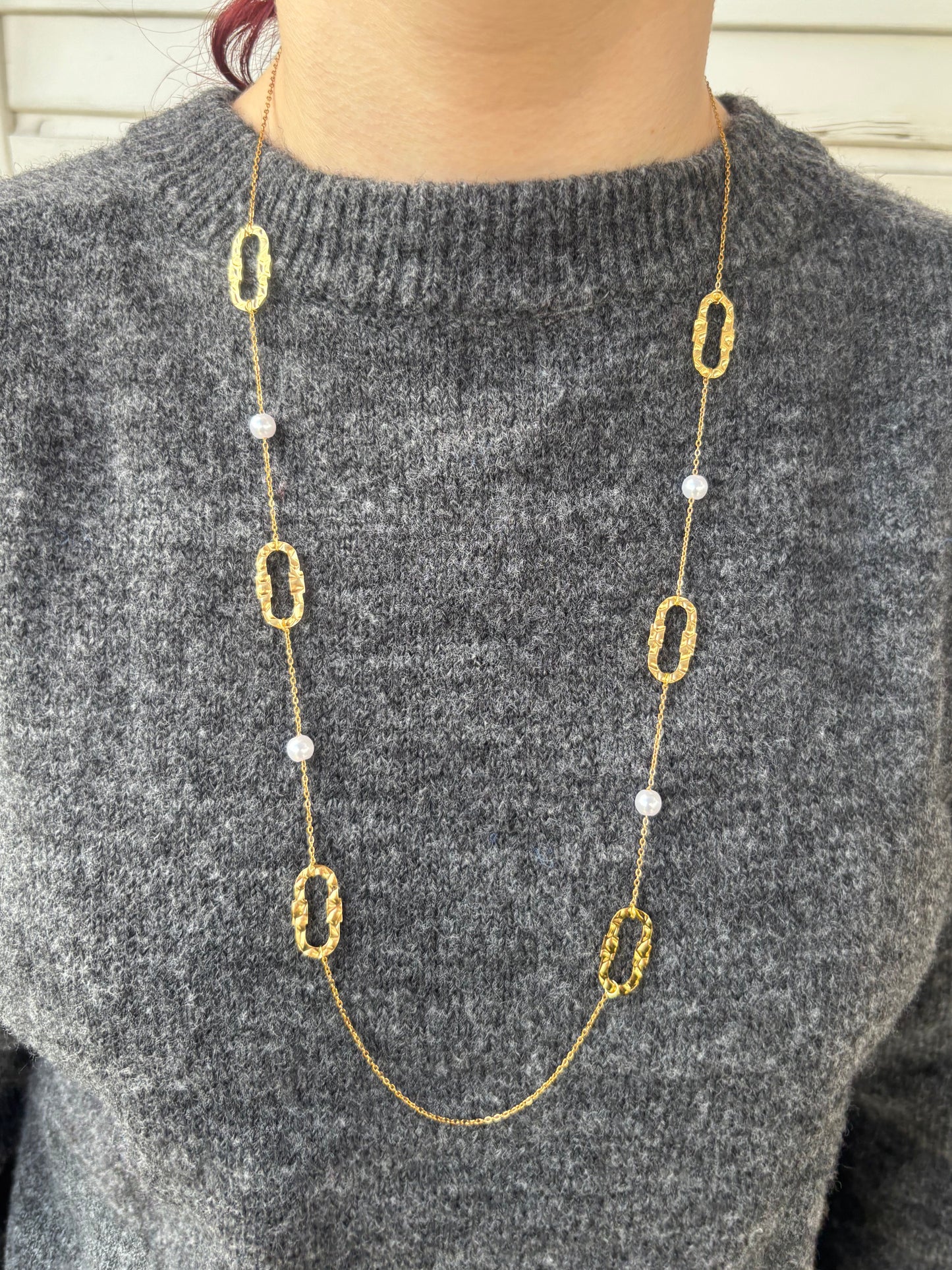 Sautoir Maillons Martelés et Perles Nacrées